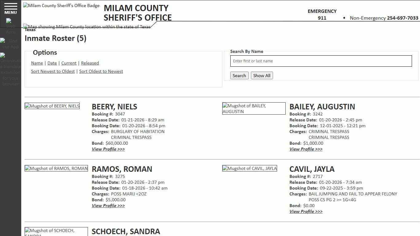 Inmate Roster - Released Inmates Booking Date Descending - Milam County Sheriff TX